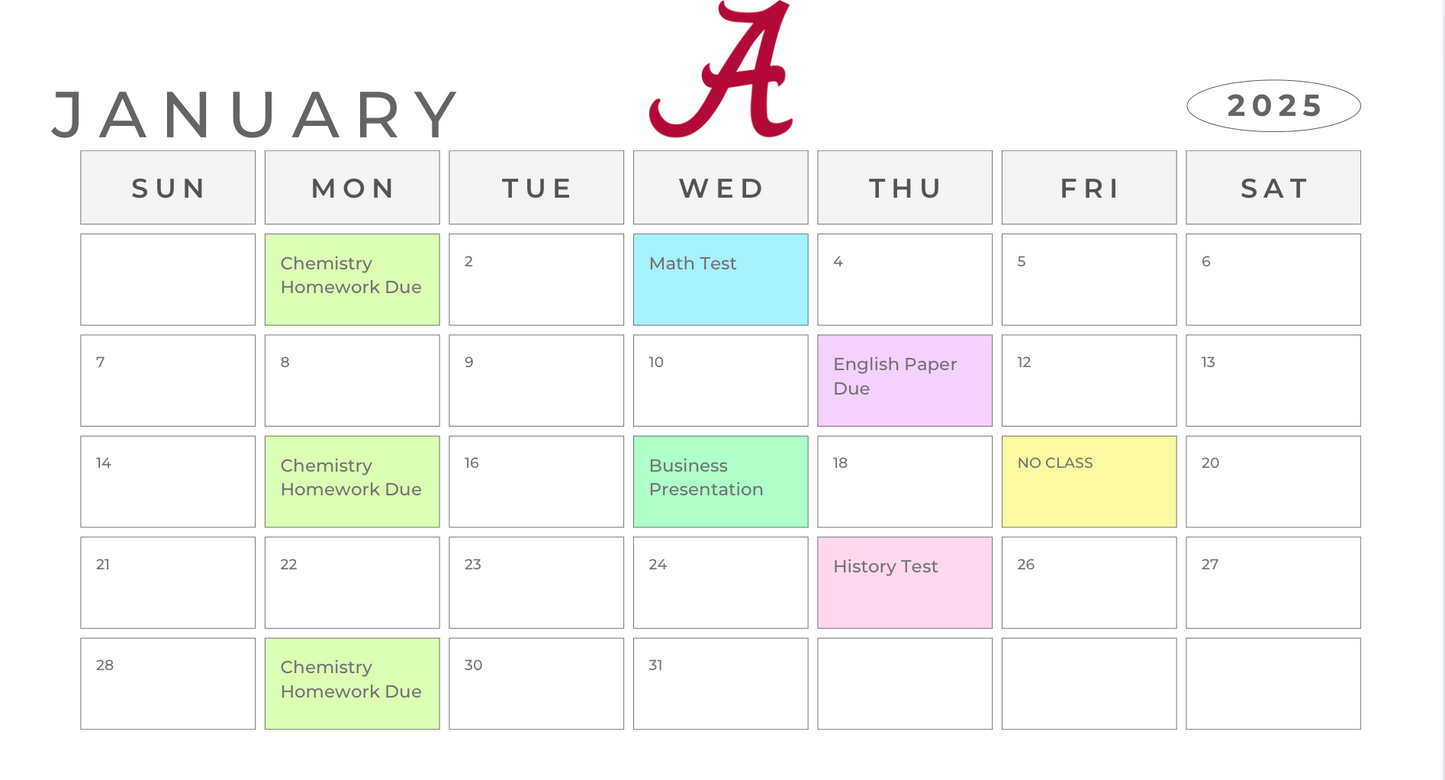 University of Alabama Personalized Class Calendar (Free Reminders)